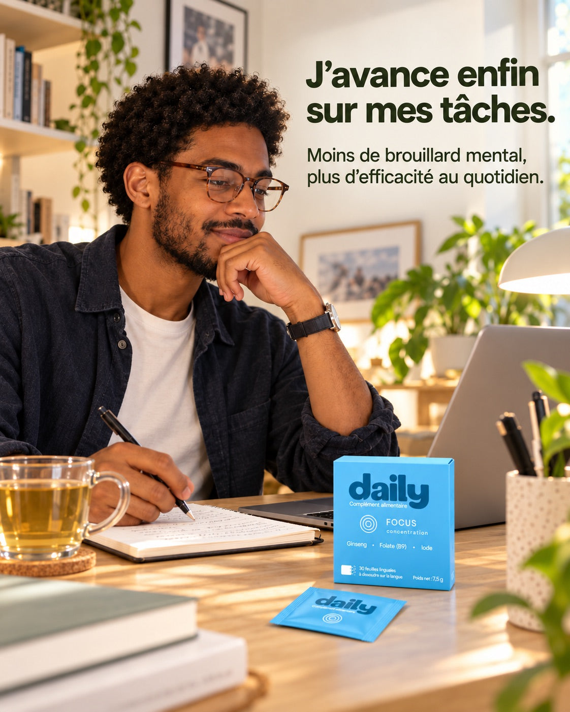 Un homme travaille avec daily Focus sur son bureau.