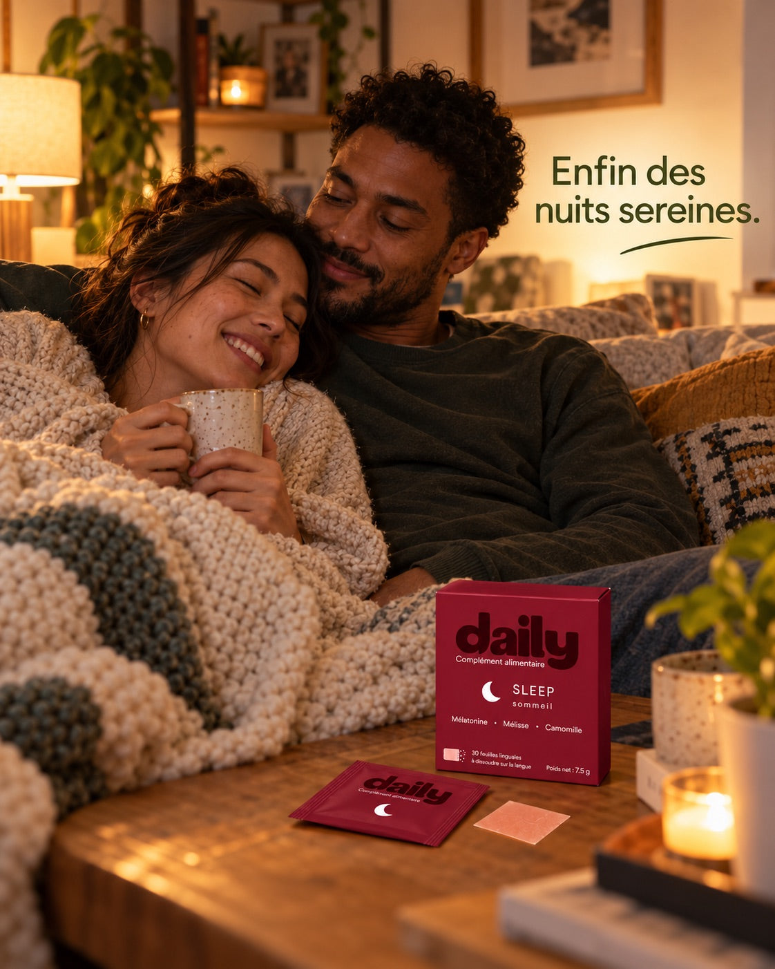 Un couple se détend avec daily Sleep sur la table.