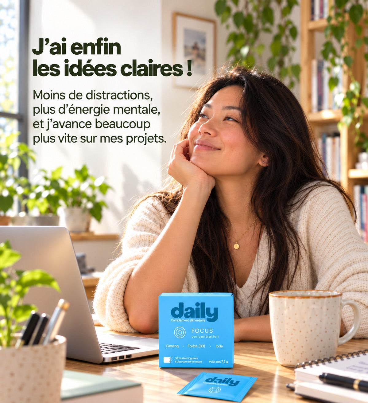 Une femme devant son ordinateur avec daily Focus.